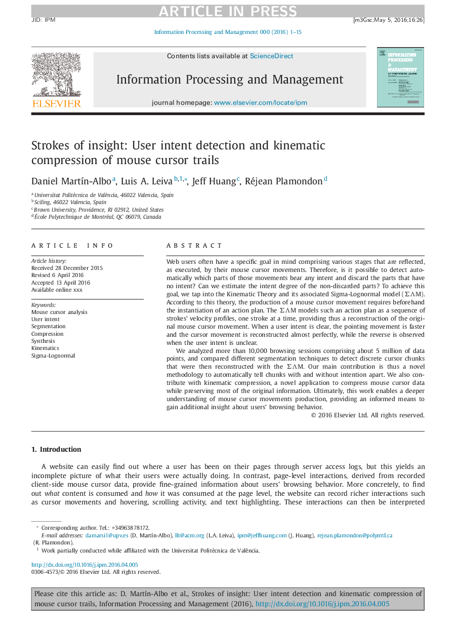 Strokes of insight: User intent detection and kinematic compression of mouse cursor trails