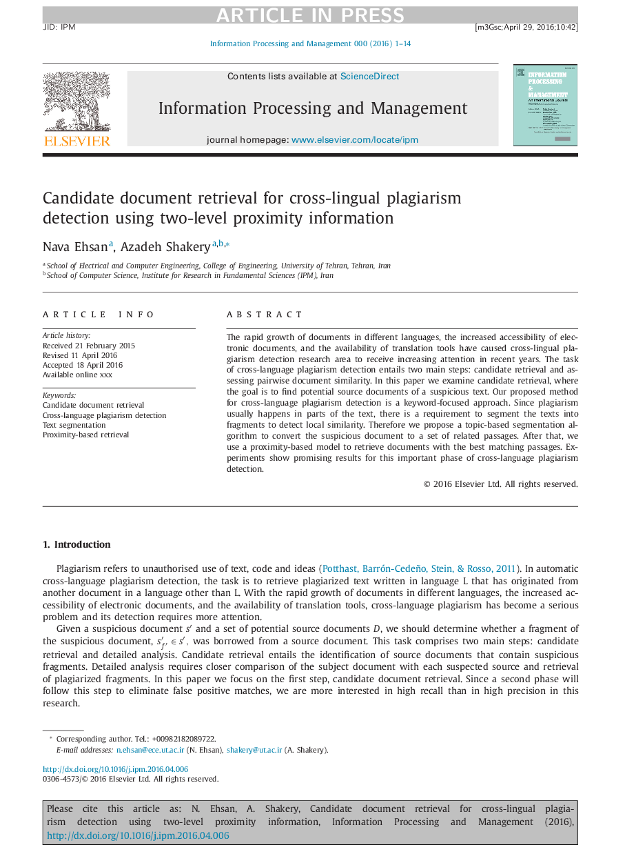 Candidate document retrieval for cross-lingual plagiarism detection using two-level proximity information