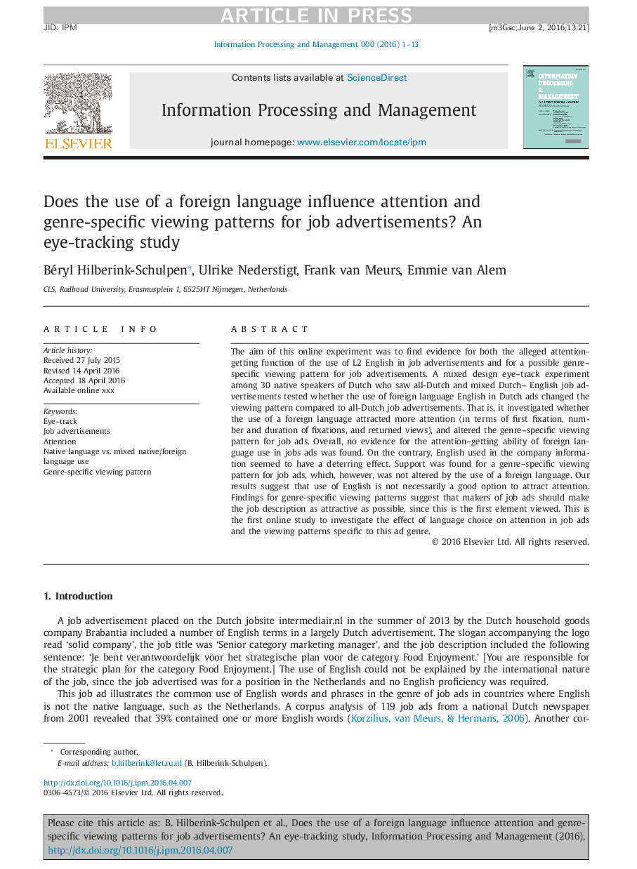 Does the use of a foreign language influence attention and genre-specific viewing patterns for job advertisements? An eye-tracking study