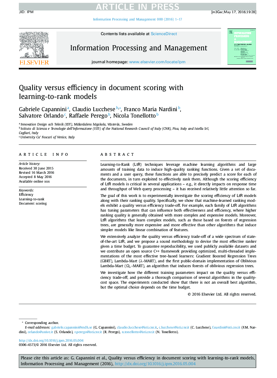 Quality versus efficiency in document scoring with learning-to-rank models