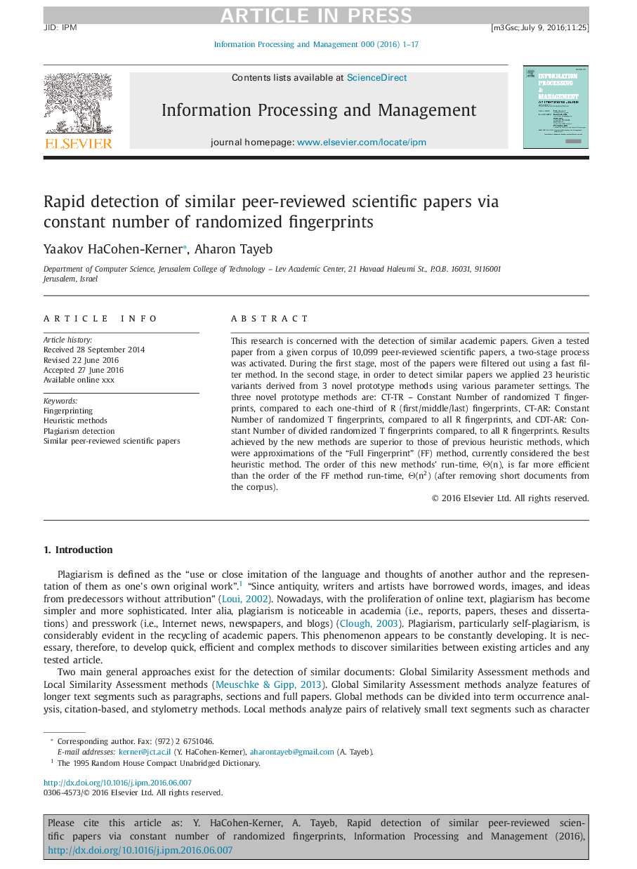 Rapid detection of similar peer-reviewed scientific papers via constant number of randomized fingerprints