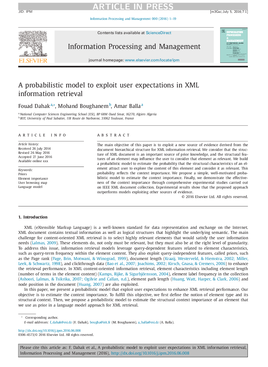 A probabilistic model to exploit user expectations in XML information retrieval