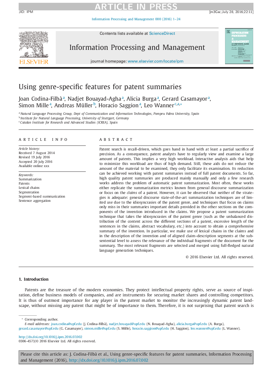 Using genre-specific features for patent summaries