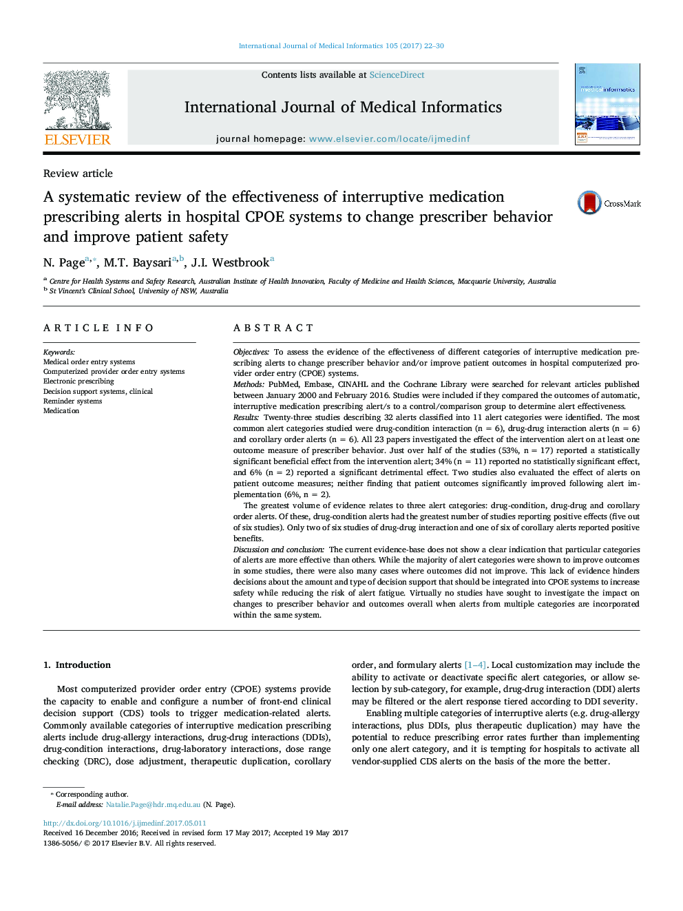 A systematic review of the effectiveness of interruptive medication prescribing alerts in hospital CPOE systems to change prescriber behavior and improve patient safety