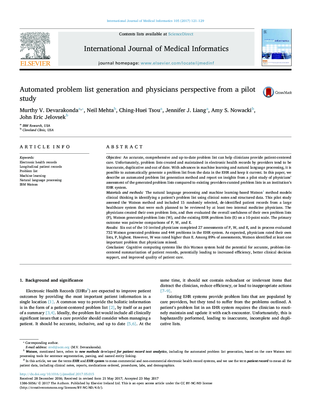 Automated problem list generation and physicians perspective from a pilot study