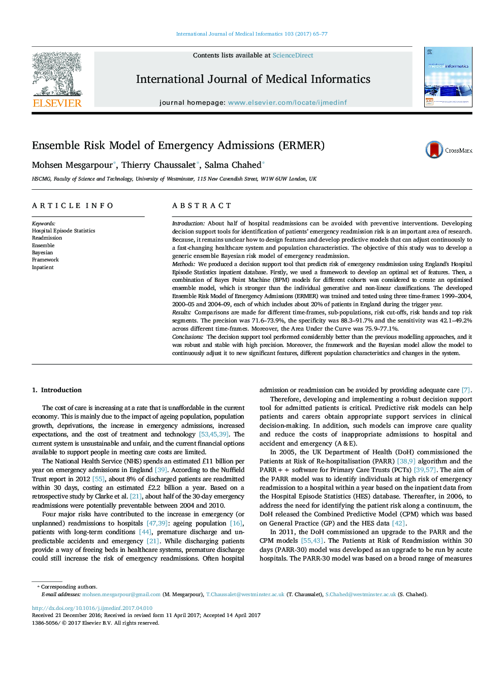 Ensemble Risk Model of Emergency Admissions (ERMER)