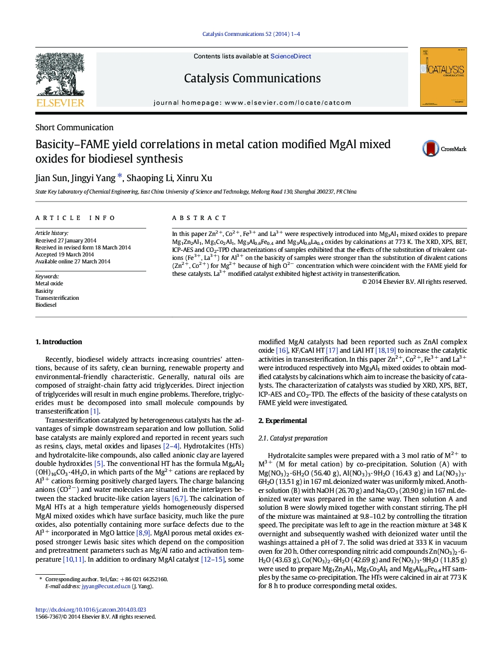 Basicity–FAME yield correlations in metal cation modified MgAl mixed oxides for biodiesel synthesis