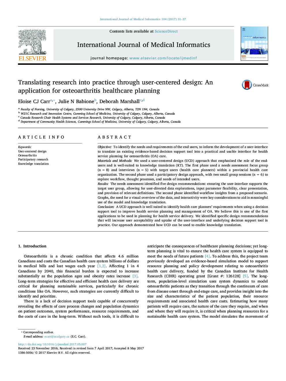 ترجمه تحقیق به عمل از طریق طراحی کاربر محور: یک برنامه کاربردی برای برنامه ریزی مراقبت های بهداشتی استئوآرتریت 