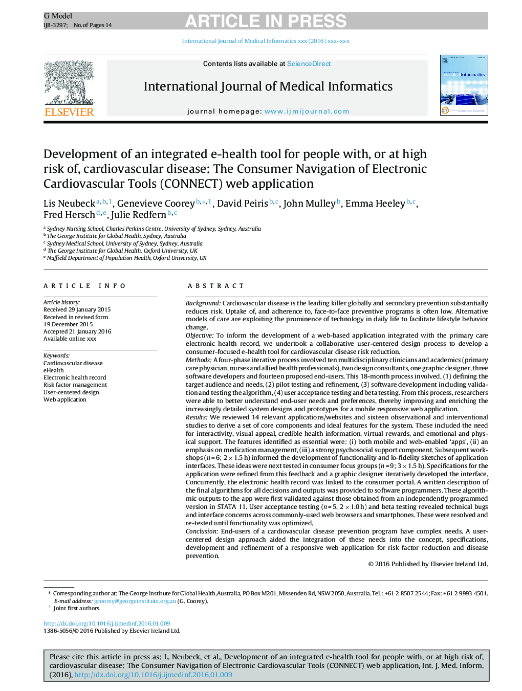 Development of an integrated e-health tool for people with, or at high risk of, cardiovascular disease: The Consumer Navigation of Electronic Cardiovascular Tools (CONNECT) web application