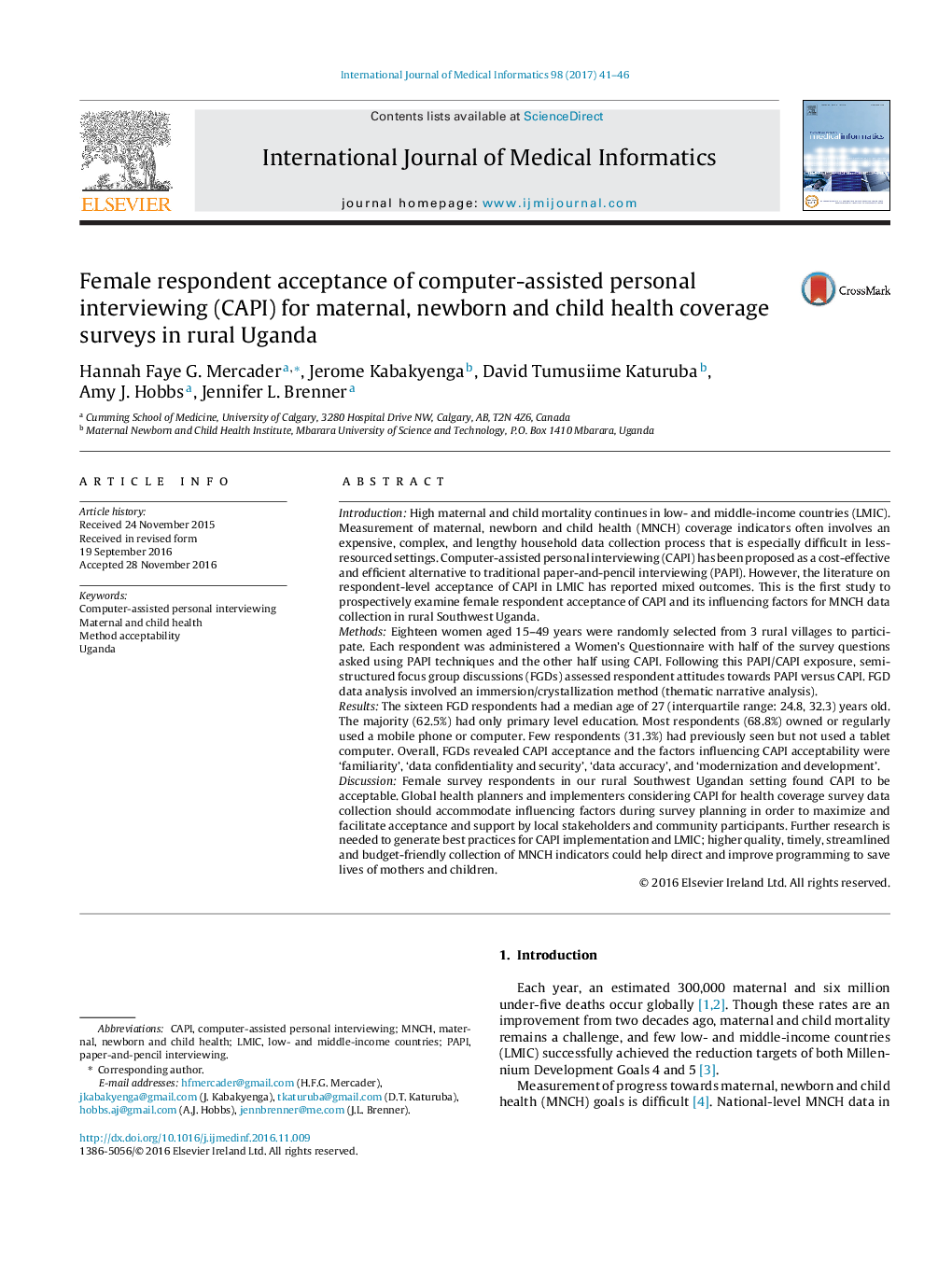 Female respondent acceptance of computer-assisted personal interviewing (CAPI) for maternal, newborn and child health coverage surveys in rural Uganda