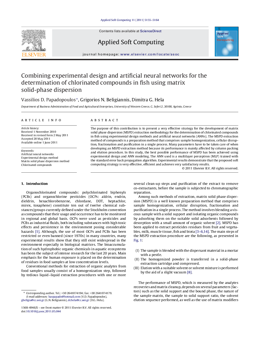 Combining experimental design and artificial neural networks for the determination of chlorinated compounds in fish using matrix solid-phase dispersion