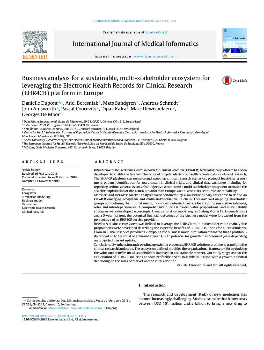 Business analysis for a sustainable, multi-stakeholder ecosystem for leveraging the Electronic Health Records for Clinical Research (EHR4CR) platform in Europe