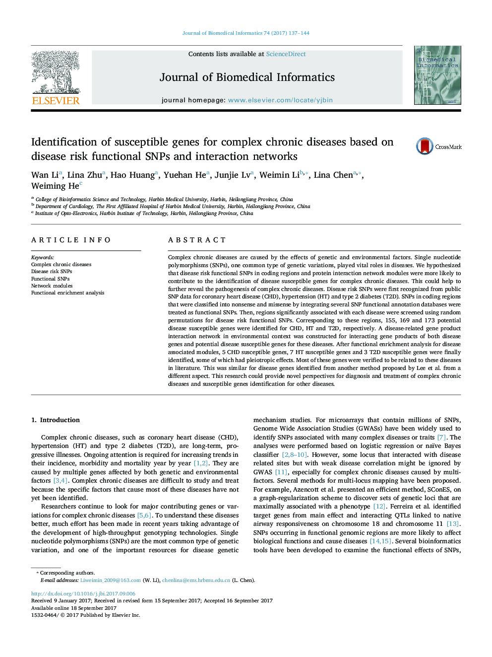 Identification of susceptible genes for complex chronic diseases based on disease risk functional SNPs and interaction networks