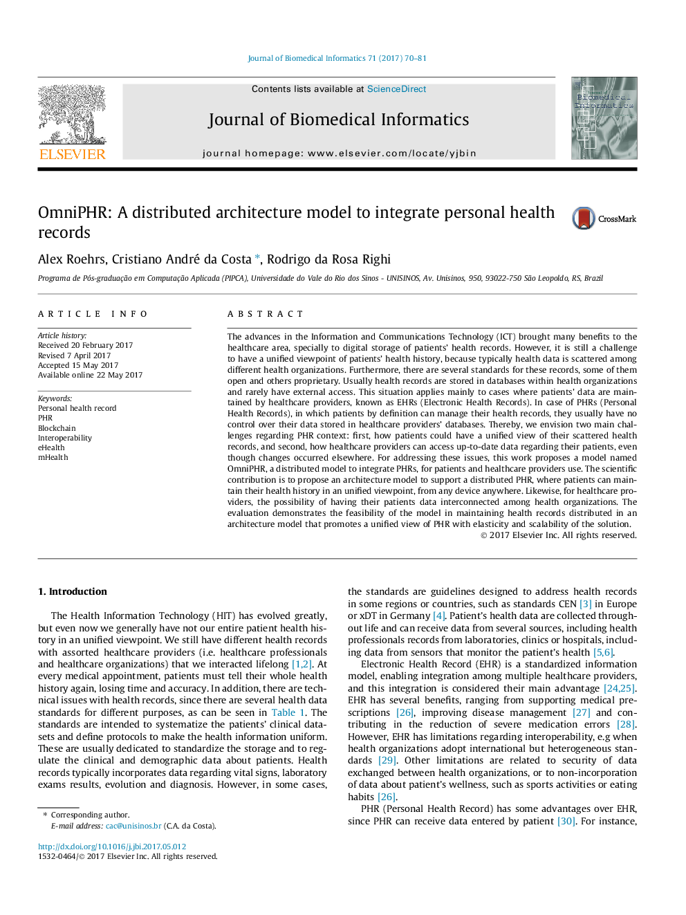 OmniPHR: A distributed architecture model to integrate personal health records