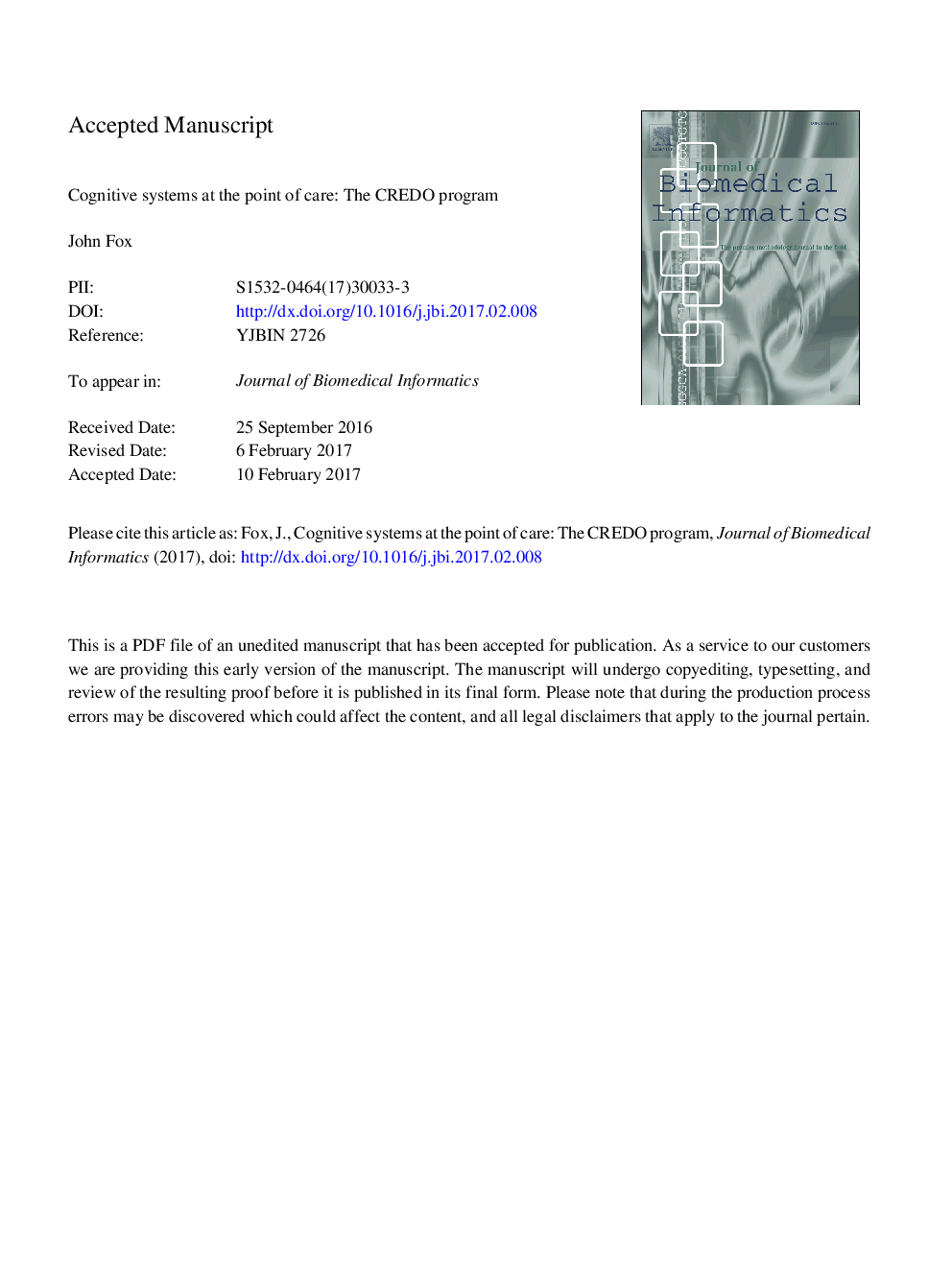 عکس صفحه اول مقاله: Cognitive systems at the point of care: The CREDO program Cognitive systems at the point of care: The CREDO program