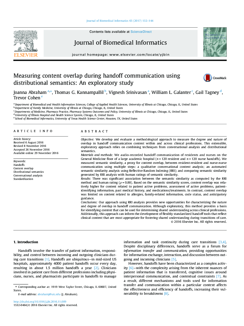 Measuring content overlap during handoff communication using distributional semantics: An exploratory study