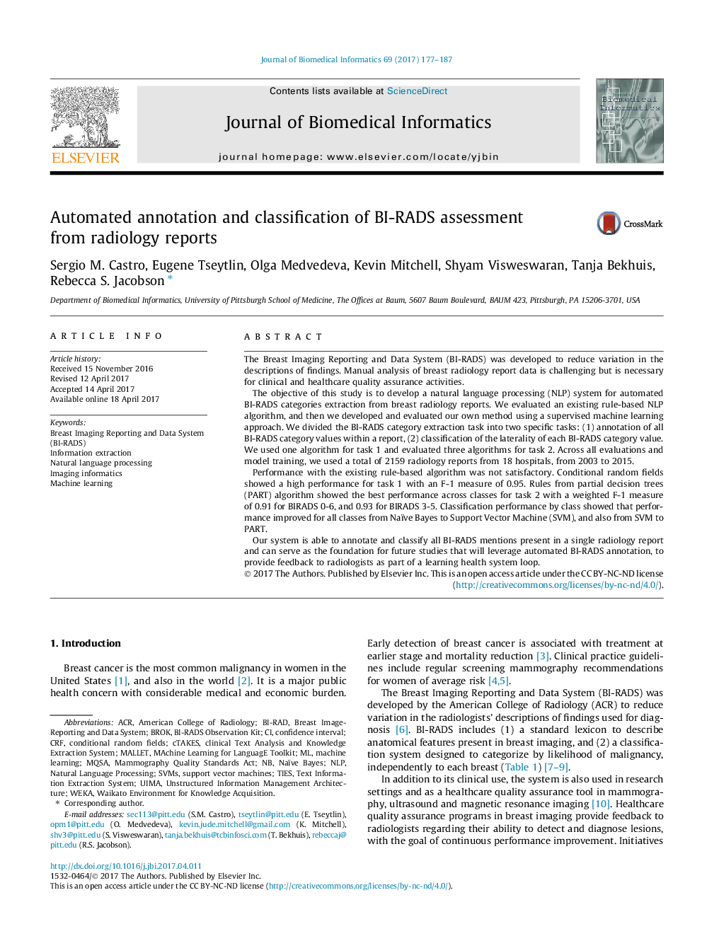 Automated annotation and classification of BI-RADS assessment from radiology reports