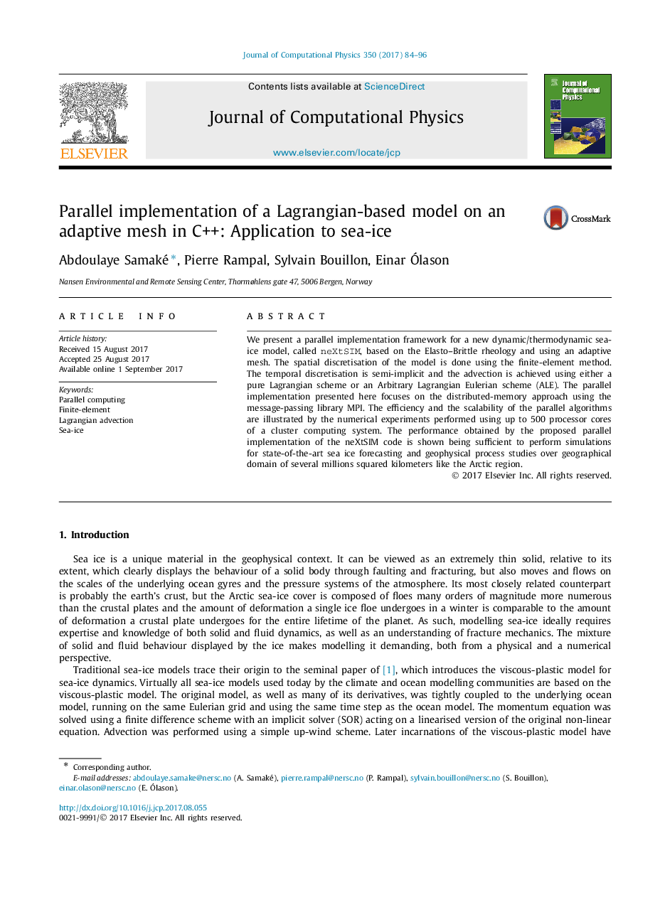 Parallel implementation of a Lagrangian-based model on an adaptive mesh in C++: Application to sea-ice