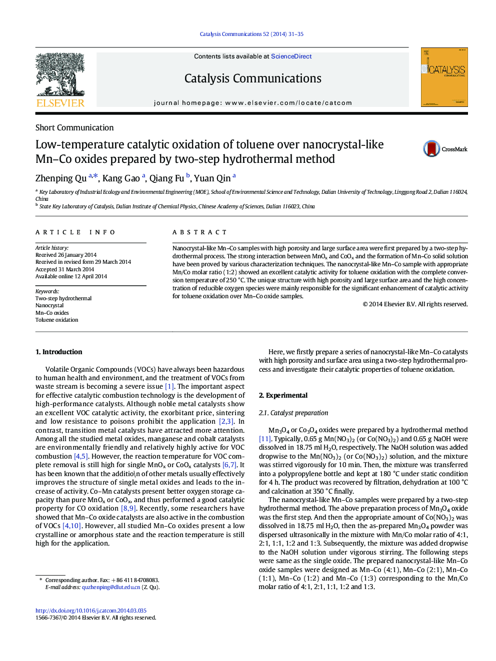 Low-temperature catalytic oxidation of toluene over nanocrystal-like Mn–Co oxides prepared by two-step hydrothermal method