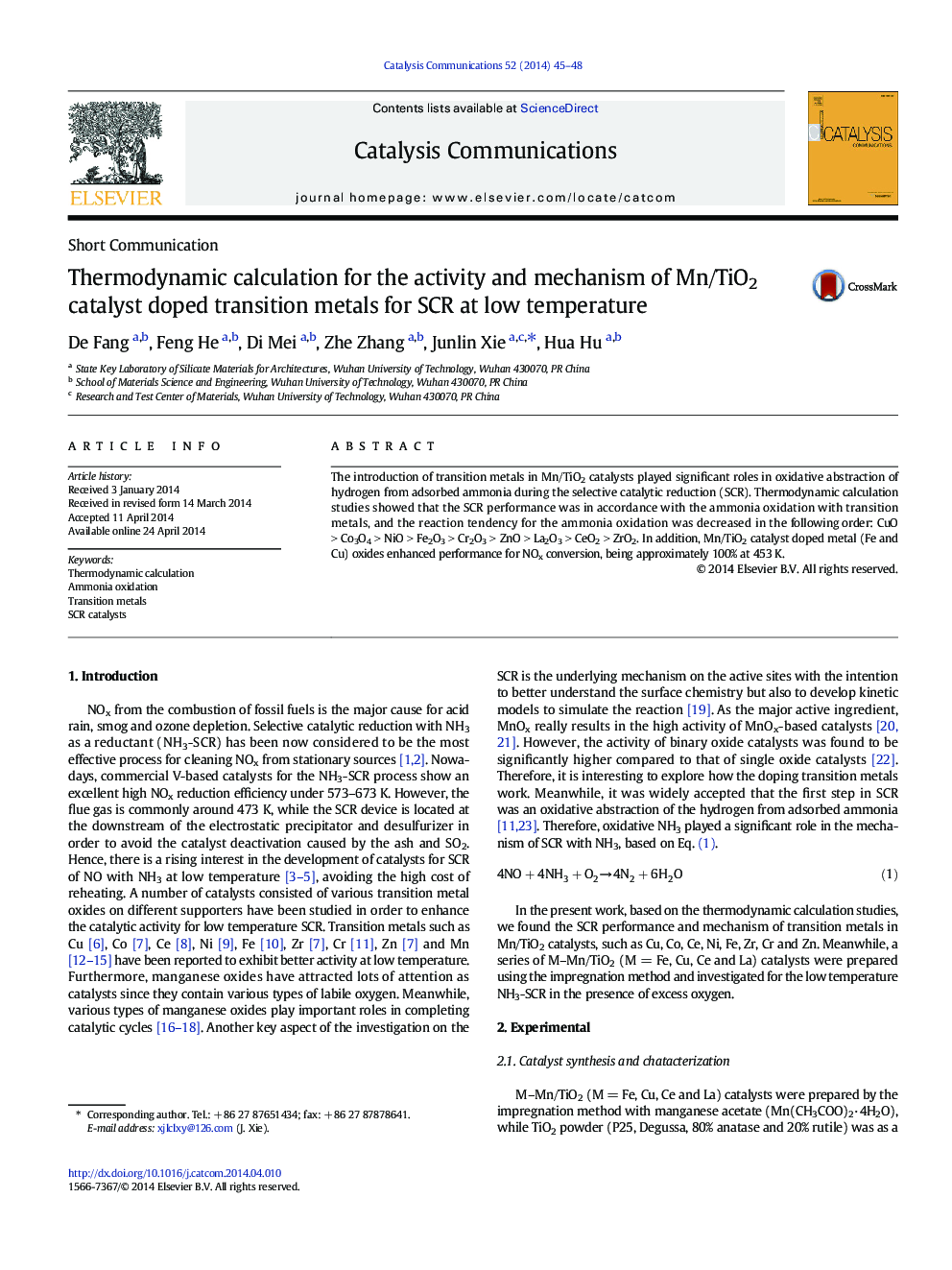 Thermodynamic calculation for the activity and mechanism of Mn/TiO2 catalyst doped transition metals for SCR at low temperature