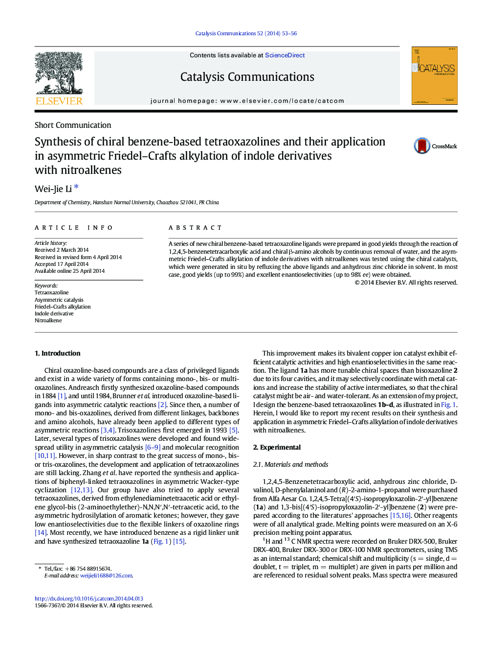 Synthesis of chiral benzene-based tetraoxazolines and their application in asymmetric Friedel–Crafts alkylation of indole derivatives with nitroalkenes