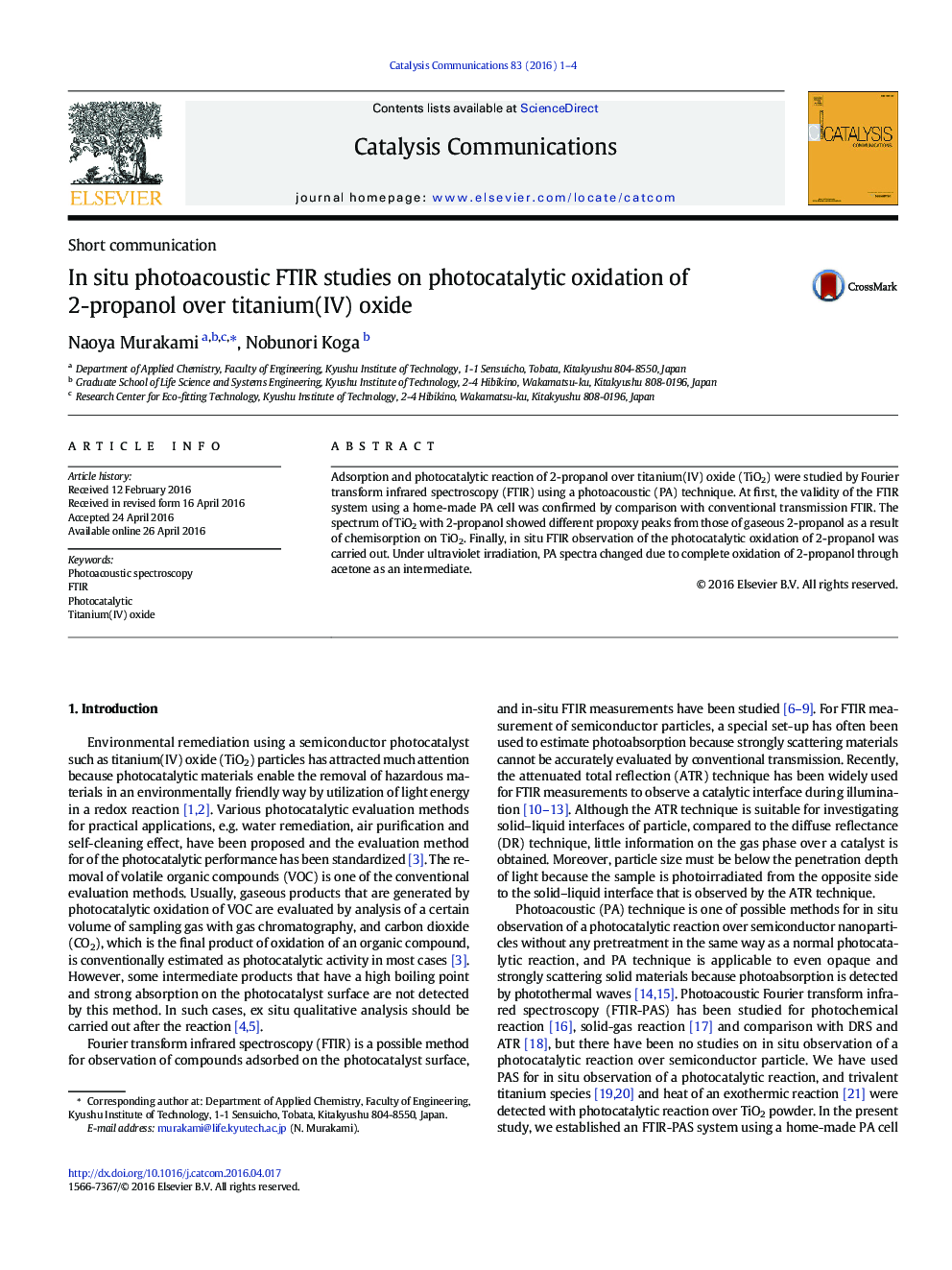 مطالعات FTIR فتوآکوستیک در محل درباره اکسیداسیون فتوکاتالیتی 2-پروپانول بر روی اکسید تیتانیوم (IV)