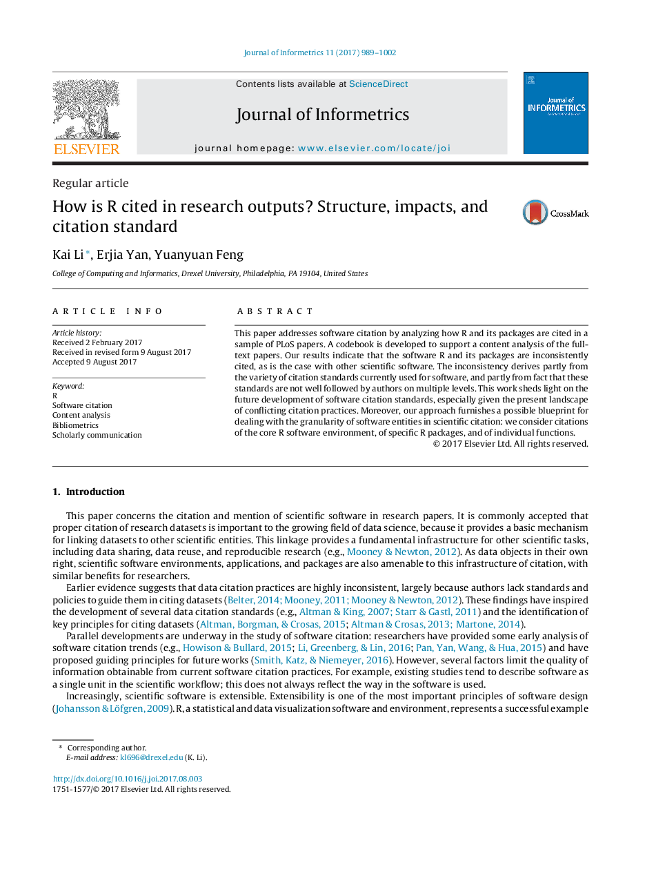 How is R cited in research outputs? Structure, impacts, and citation standard