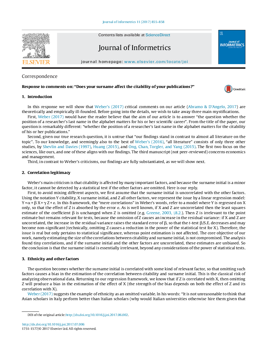 Response to comments on: “Does your surname affect the citability of your publications?”