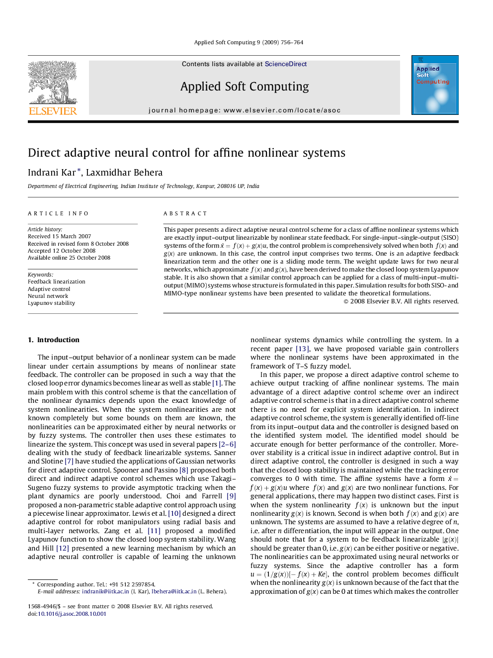 Direct adaptive neural control for affine nonlinear systems