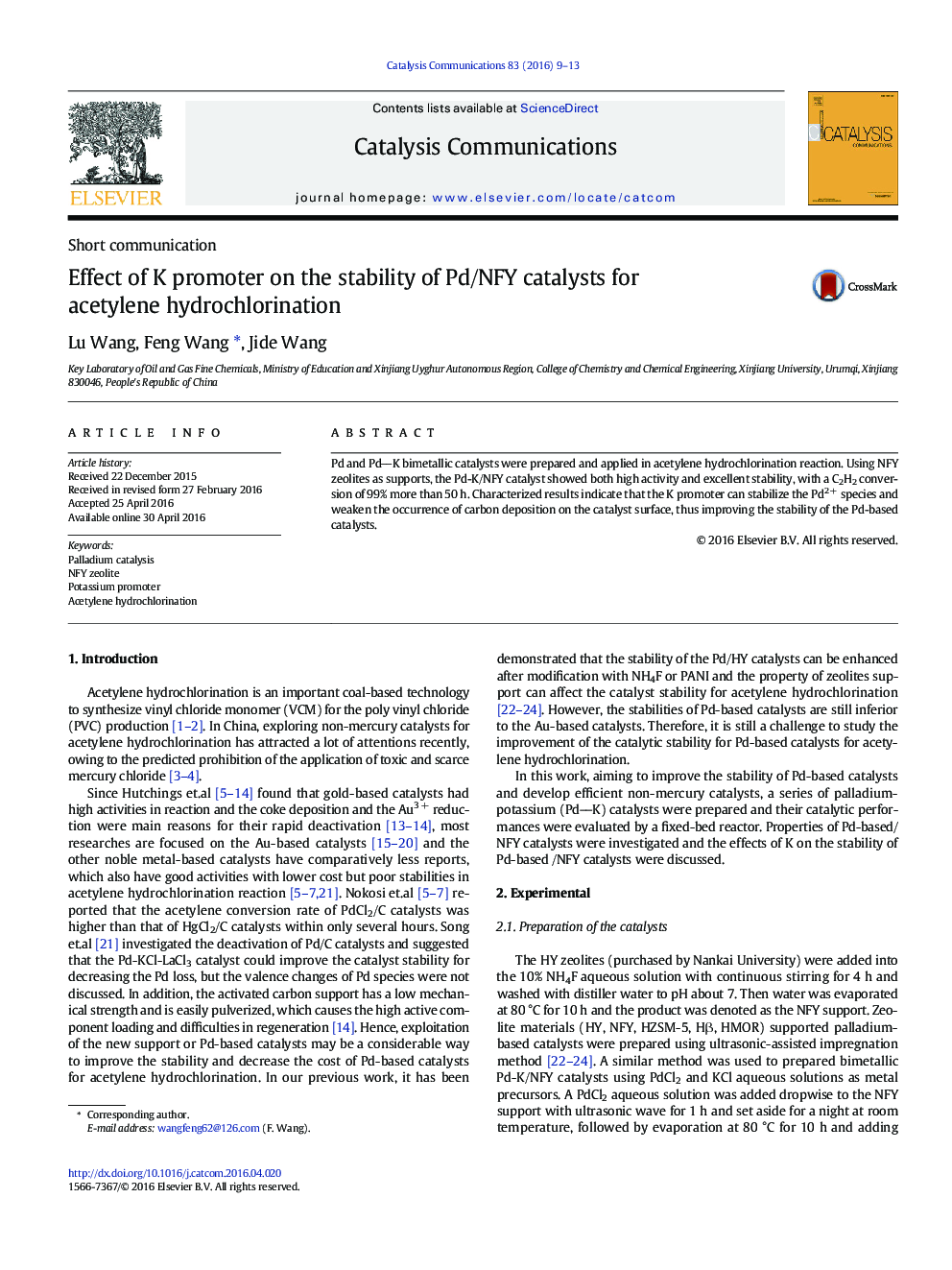 اثر پروموتر K در ثبات کاتالیزور پالادیم / NFY برای hydrochlorination استیلن