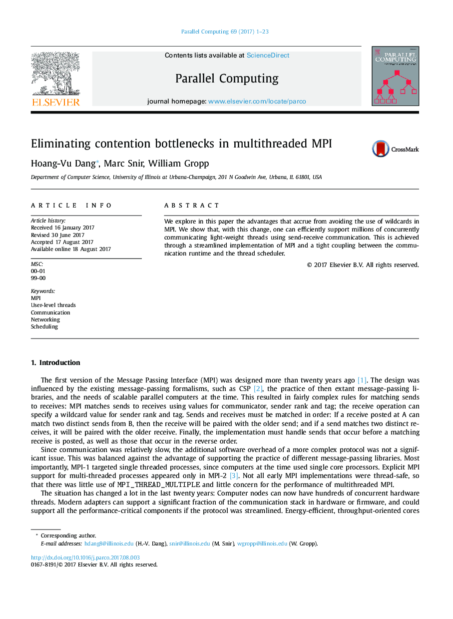 Eliminating contention bottlenecks in multithreaded MPI