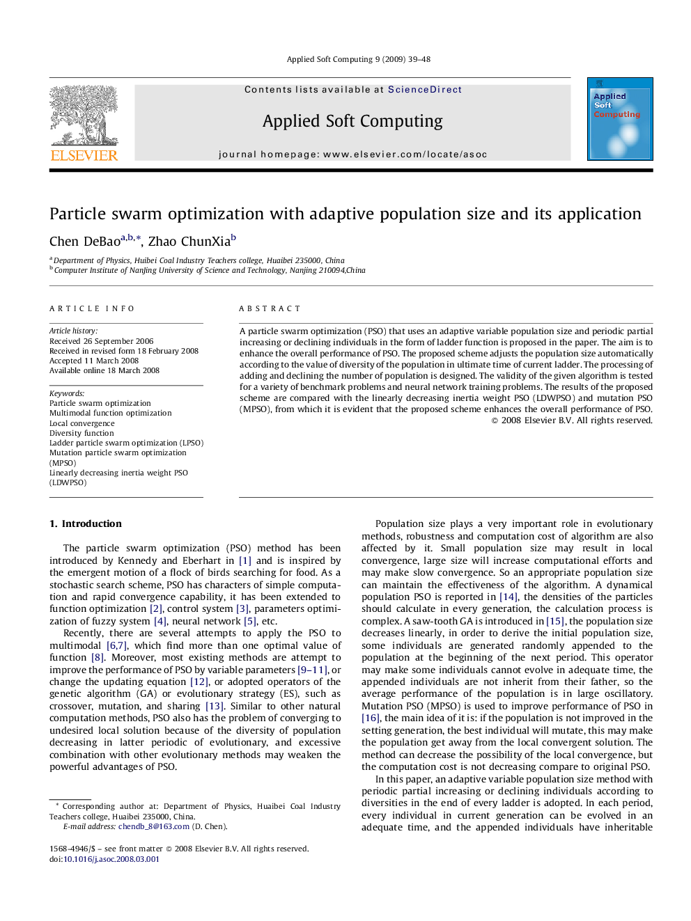 Particle swarm optimization with adaptive population size and its application