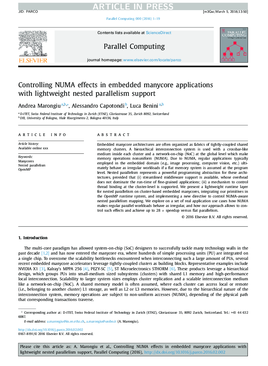 Controlling NUMA effects in embedded manycore applications with lightweight nested parallelism support