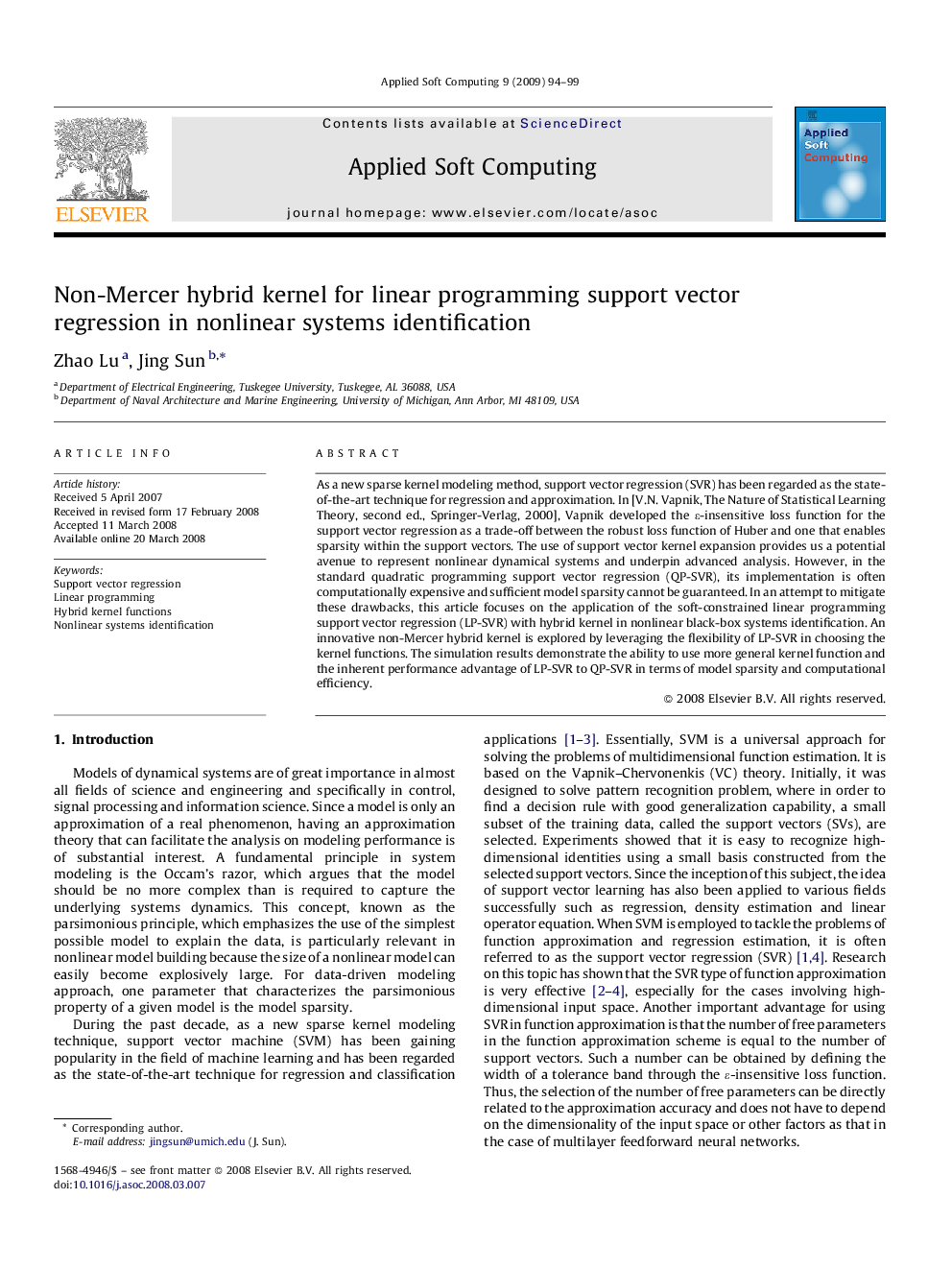 Non-Mercer hybrid kernel for linear programming support vector regression in nonlinear systems identification