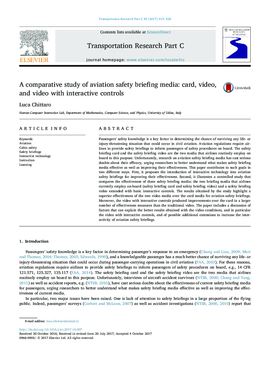 A comparative study of aviation safety briefing media: card, video, and video with interactive controls