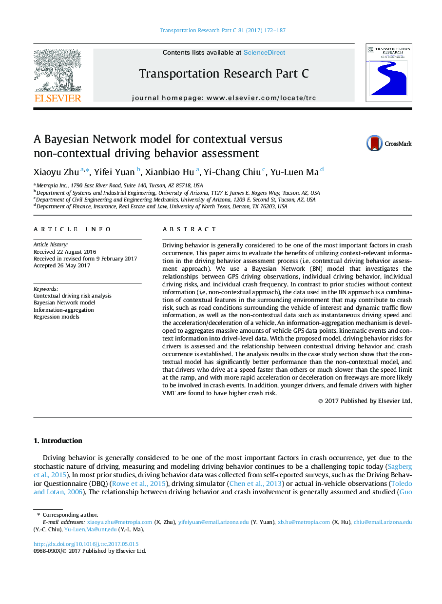 A Bayesian Network model for contextual versus non-contextual driving behavior assessment