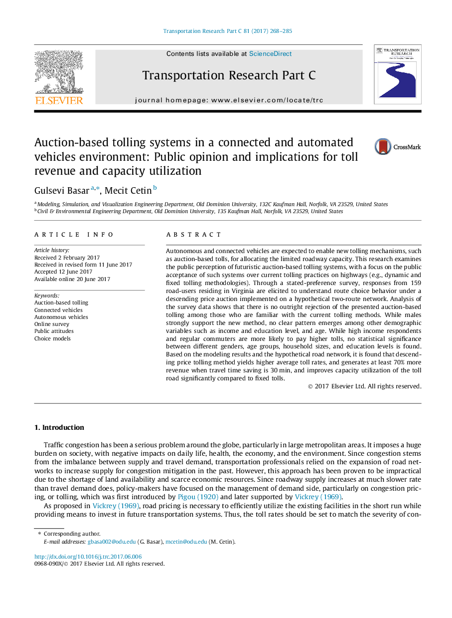 Auction-based tolling systems in a connected and automated vehicles environment: Public opinion and implications for toll revenue and capacity utilization