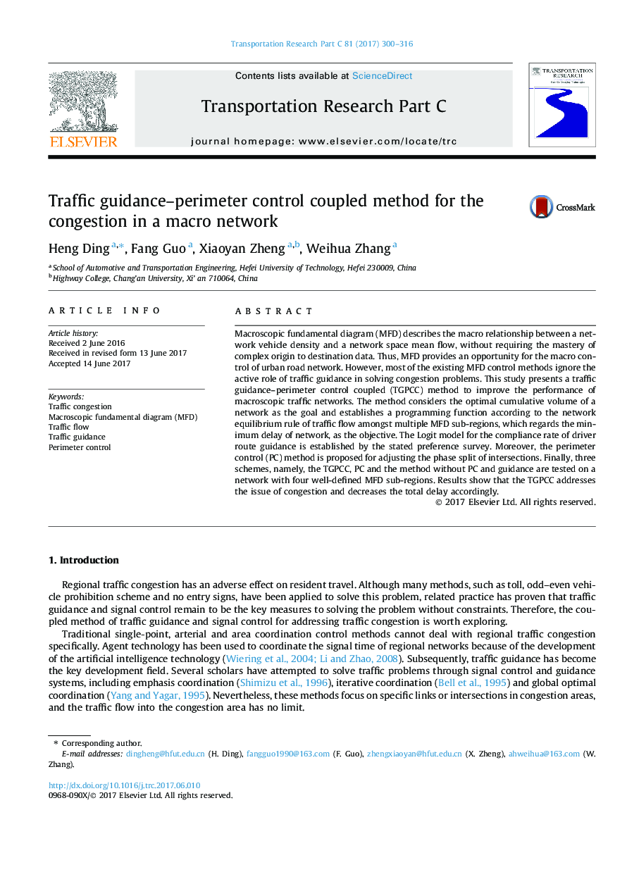 Traffic guidance-perimeter control coupled method for the congestion in a macro network