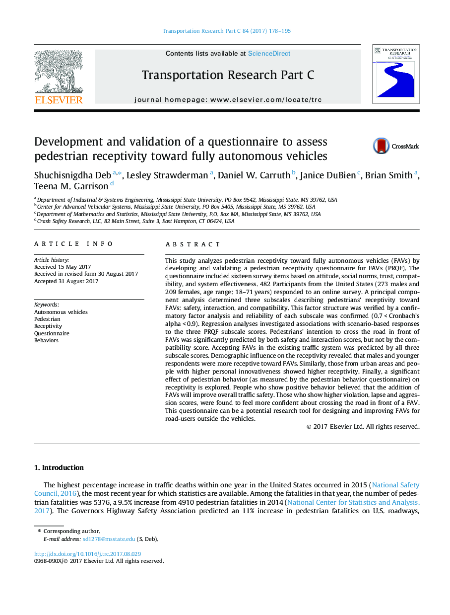 Development and validation of a questionnaire to assess pedestrian receptivity toward fully autonomous vehicles