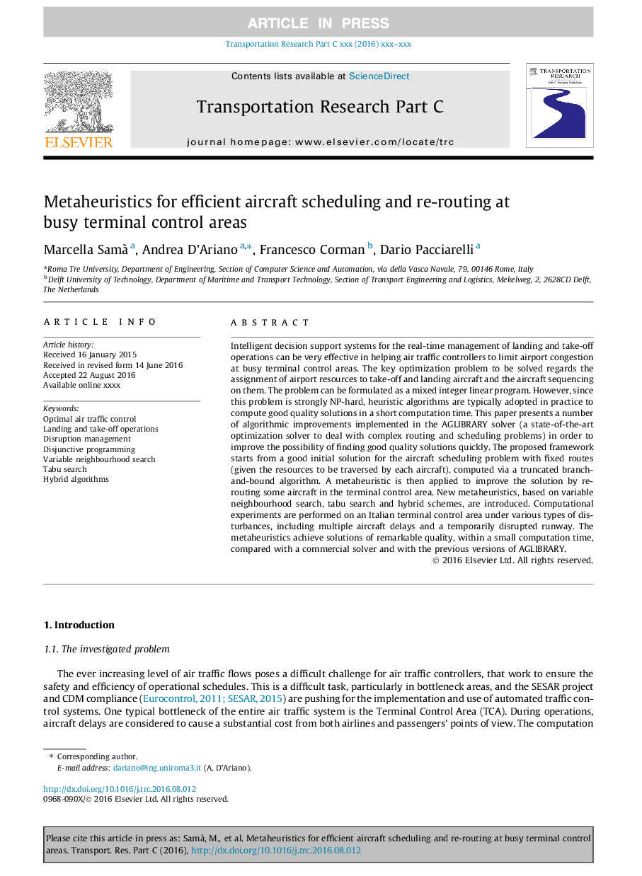 Metaheuristics for efficient aircraft scheduling and re-routing at busy terminal control areas