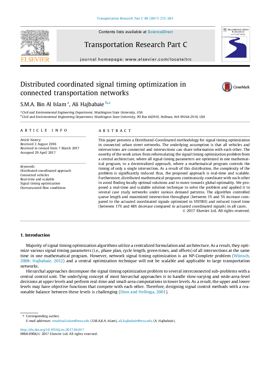 Distributed coordinated signal timing optimization in connected transportation networks