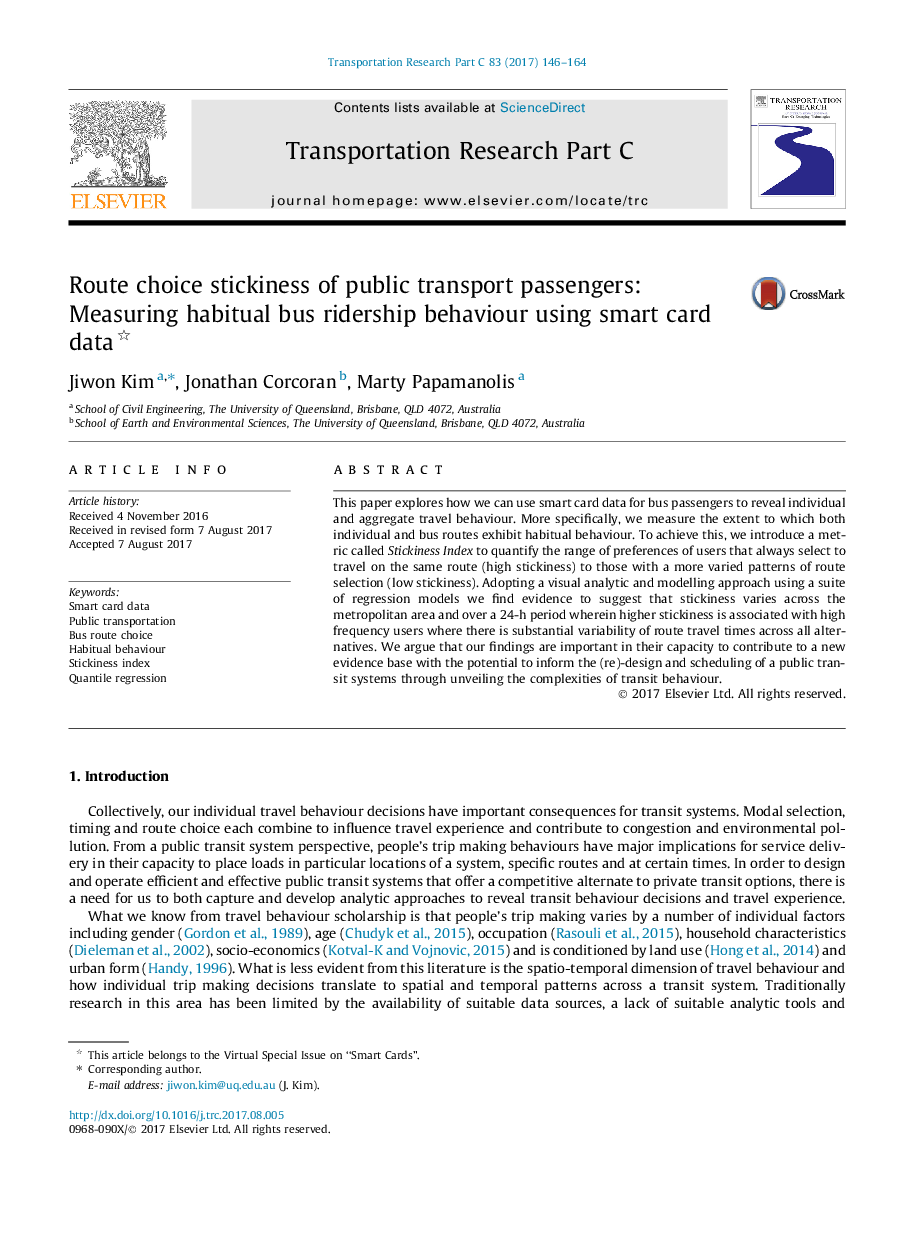 Route choice stickiness of public transport passengers: Measuring habitual bus ridership behaviour using smart card data