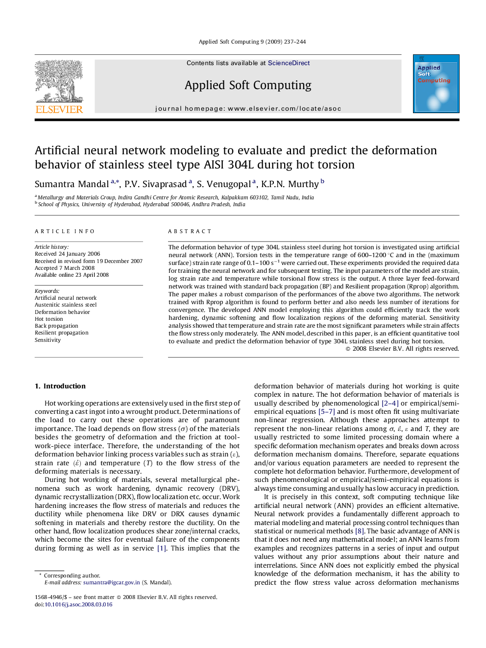 Artificial neural network modeling to evaluate and predict the deformation behavior of stainless steel type AISI 304L during hot torsion