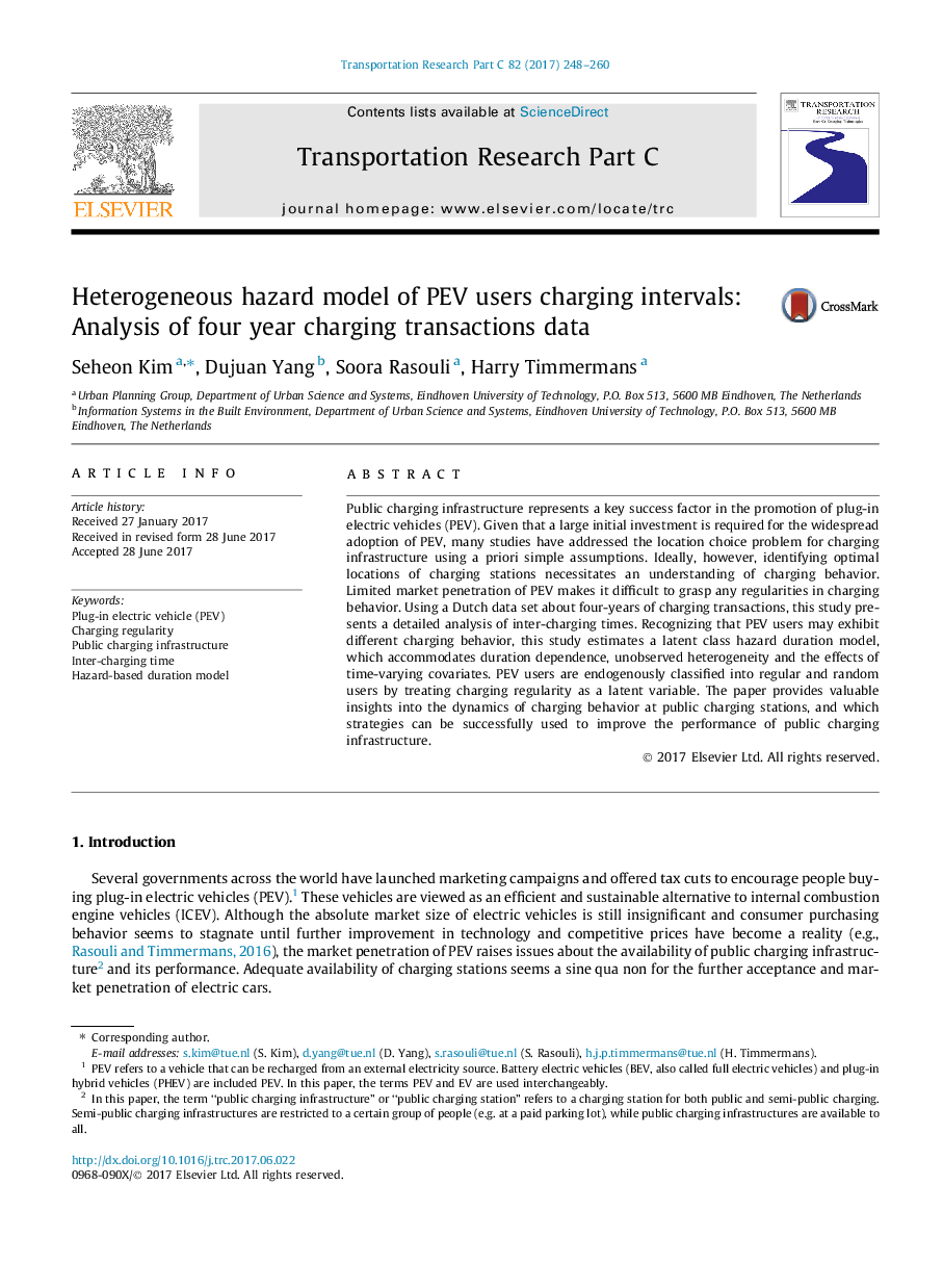 Heterogeneous hazard model of PEV users charging intervals: Analysis of four year charging transactions data