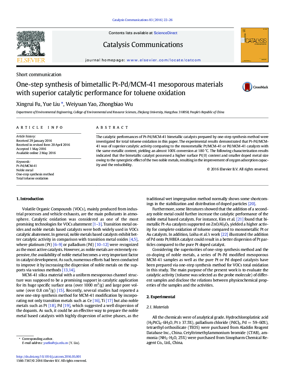 سنتز یک مرحله ای مواد پراکسید نیتروژن Pt-Pd / MCM-41 با دوام کاتالیزوری برتر برای اکسیداسیون تولوئن