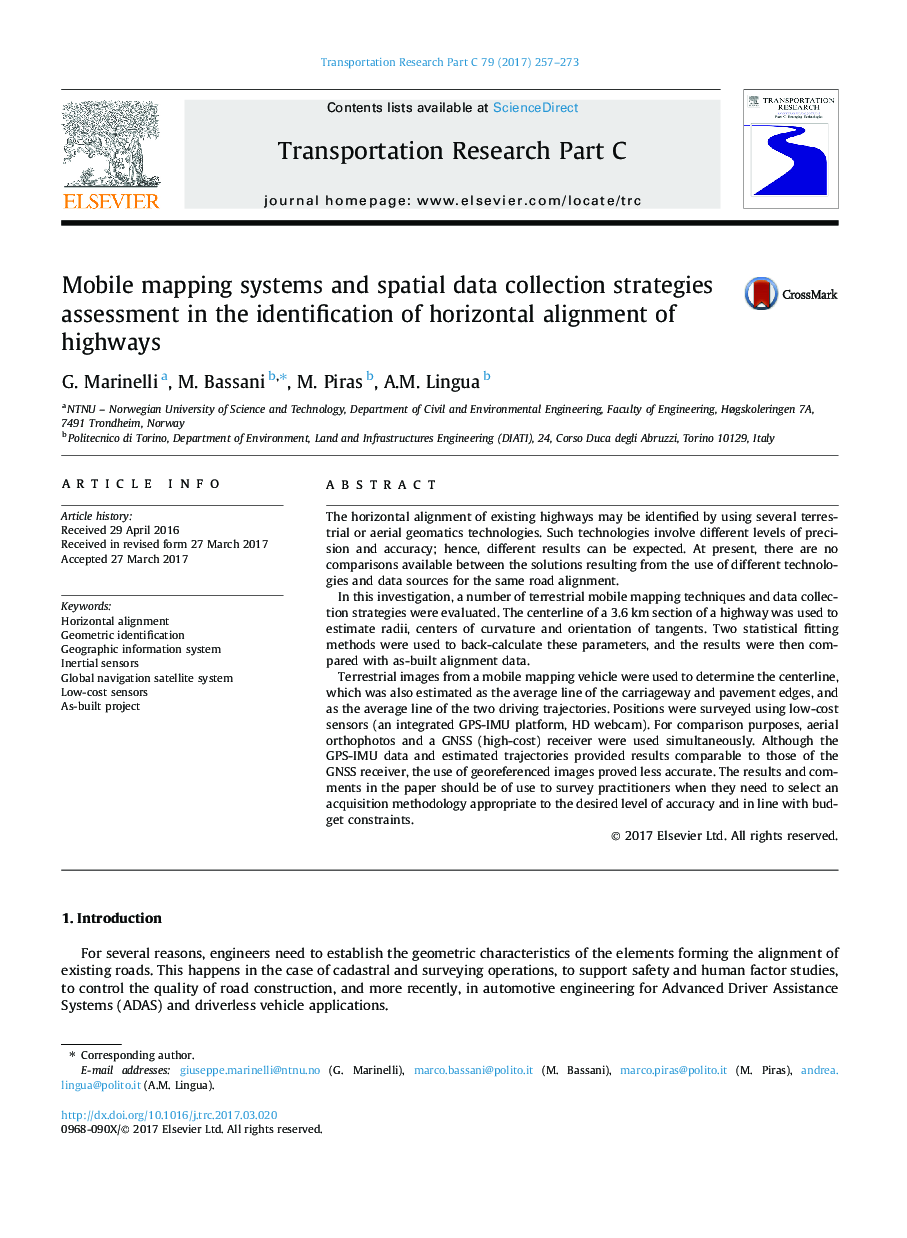 Mobile mapping systems and spatial data collection strategies assessment in the identification of horizontal alignment of highways