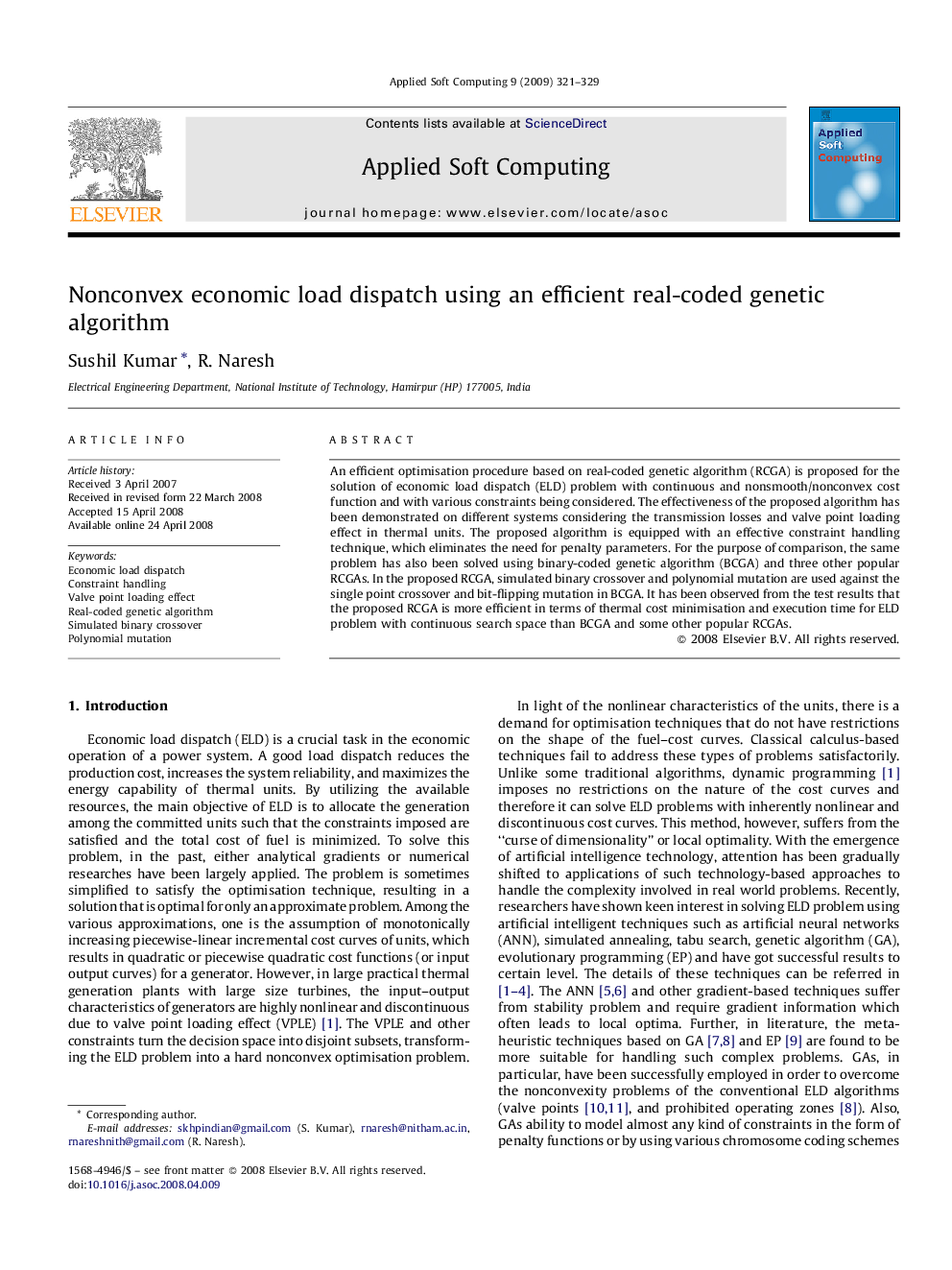 Nonconvex economic load dispatch using an efficient real-coded genetic algorithm