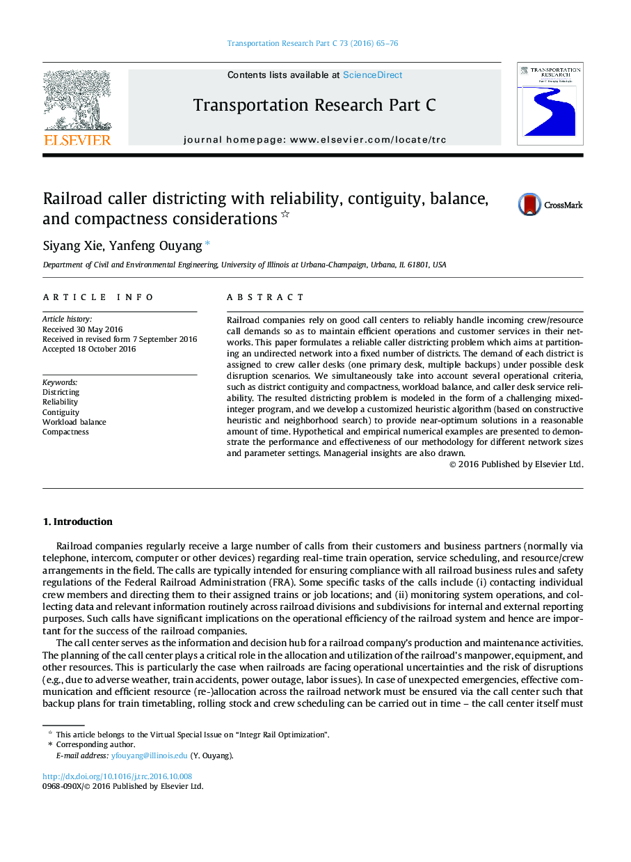 Railroad caller districting with reliability, contiguity, balance, and compactness considerations