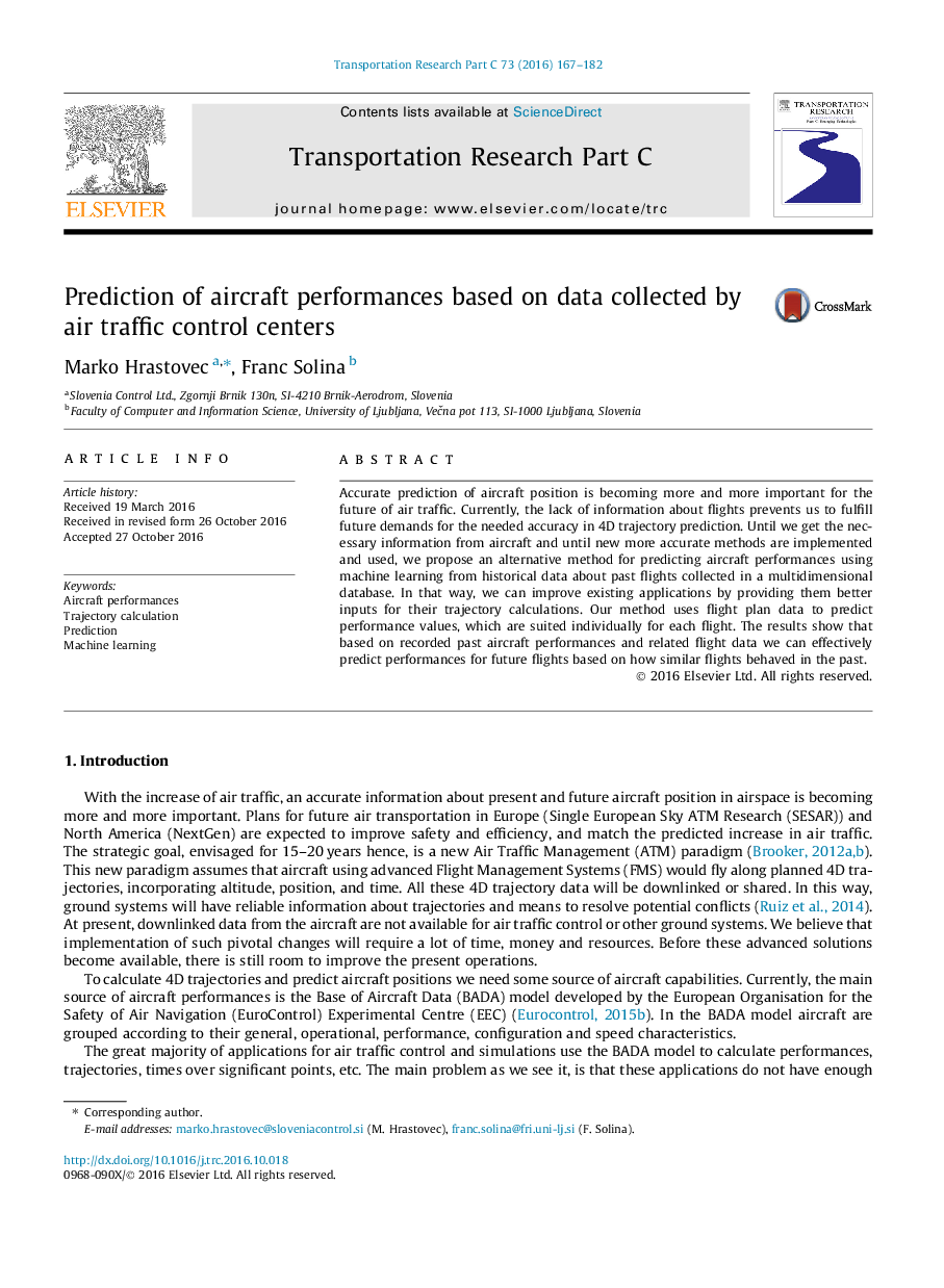 Prediction of aircraft performances based on data collected by air traffic control centers