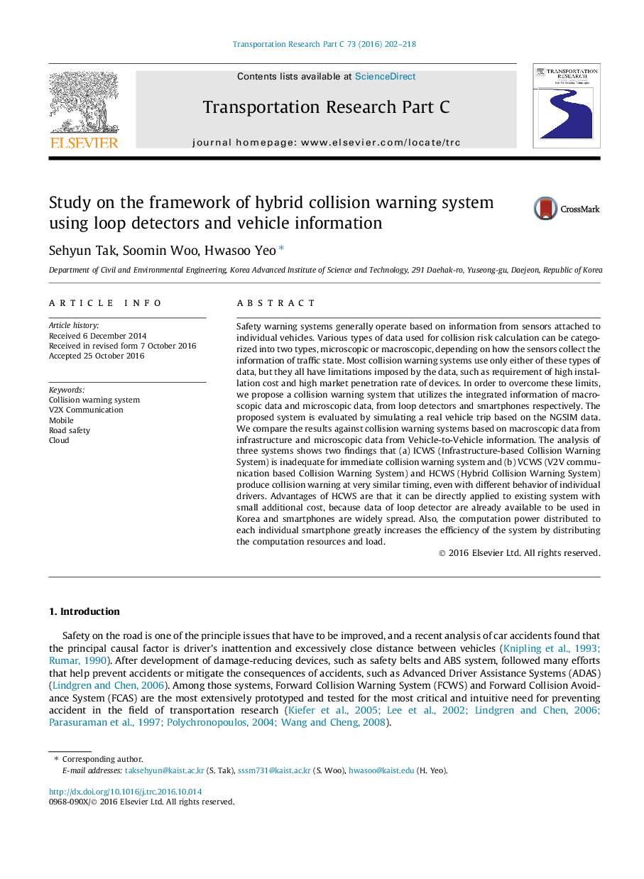 Study on the framework of hybrid collision warning system using loop detectors and vehicle information